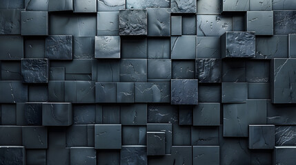 The image displays an elegant arrangement of textured black cubic surfaces with varied orientations and light reflections