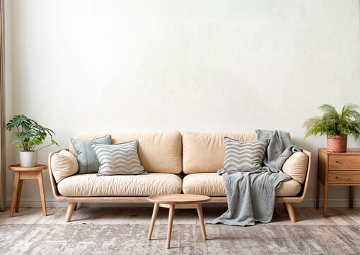 modern living room interior with sofa, carpet and photoframe mock-up