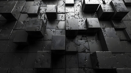 The image shows an arrangement of dark, splattered cubes that give a rugged and grunge aesthetic to the composition