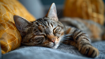 Dreamy Tabby Kitten in Deep Sleep on Cushioned Surface, Generative AI