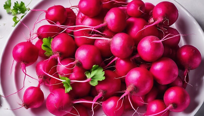 Red radish. Radishes on a white plate close-up. Lots of vegetables