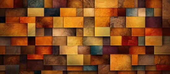 A closeup of a symmetrical and colorful rectangle pattern in shades of brown, amber, orange, and yellow on a wall, resembling flooring material or building material