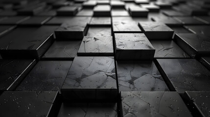 A 3D digital illustration of an abstract surface with arranged dark cubes and strategic highlights