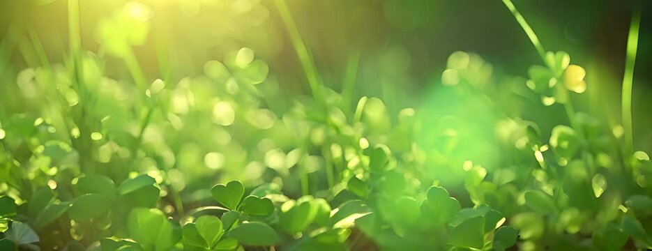 Green background with three-leaved shamrocks, Lucky Irish Four Leaf Clover in the Field for St. Patricks Day holiday symbol. with three-leaved shamrocks. 4K Video