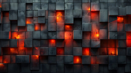 This image presents a contrast of warm glowing lights amidst dark cubic structures, portraying depth and ambiance