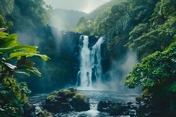 Majestic Waterfall: Showcase the raw power and beauty of a majestic waterfall surrounded by mist and lush vegetation.

