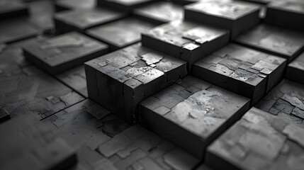 An abstract grayscale image of 3D cubes showcasing depth and perspective with a dramatic lighting effect