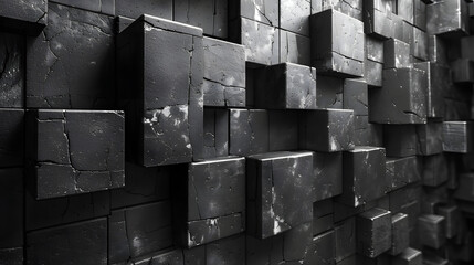 A monochromatic image of multidimensional black cubes casting shadows on each other, creating depth