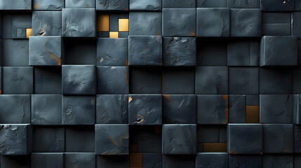 A visually striking image displaying dark textured tiles in an abstract pattern, highlighted by subtle golden accents