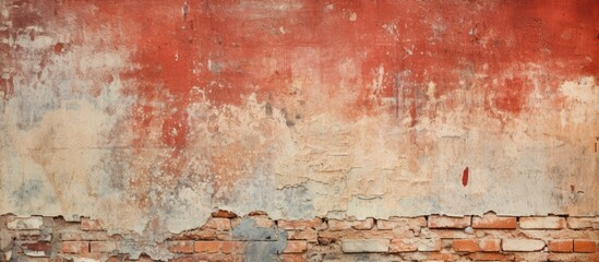 An artistic closeup capturing the texture of a brick wall with peeling art paint, resembling a...