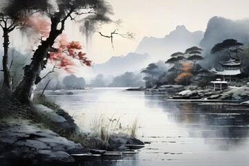 Fototapeta premium alpine lake at dawn with magical misty atmosphere.