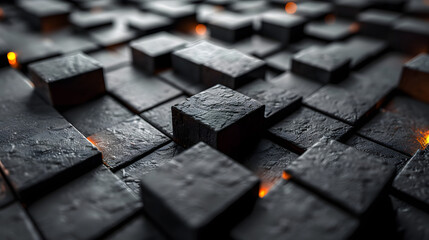Artistic depiction of glowing embers subtly illuminating dark cubes set in a pavement-like arrangement