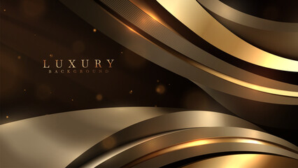 Abstract black lines and golden swirls with elegant lighting with bokeh effects decorations. Dark luxury background.