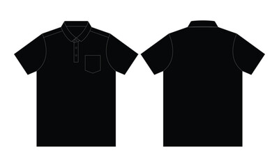 Blank black short sleeve polo shirt with one pocket template on white background. Front and back view, vector file