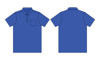 Blank blue short sleeve polo shirt with one pocket template on white background. Front and back view, vector file