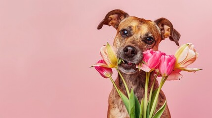 Dog holding a bouquet of tulips in his teeth on a pink background. Spring card for Valentine's Day,...