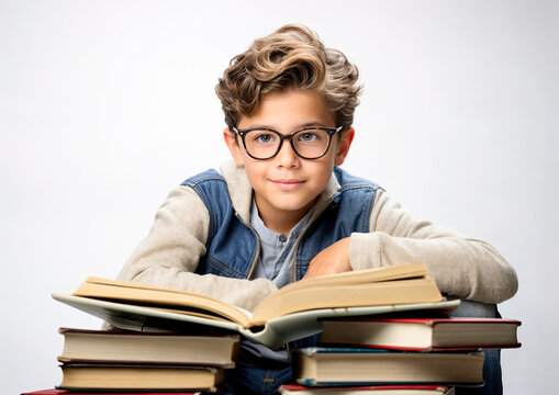 Portrait of a cute little boy with eyeglasses and books