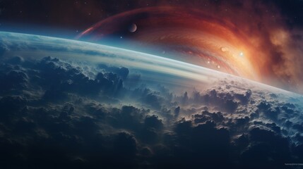 a gas giant with swirling storms, massive atmospheric phenomena, and floating islands suspended in the upper layers of the atmosphere. - obrazy, fototapety, plakaty