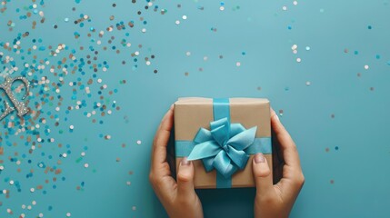 First person top view photo of hands holding craft paper giftbox with vivid blue ribbon bow over shiny sequins on isolated pastel blue background