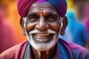 Portrain of smiling indian old man with Holi multicolor powder on face. Holi color festival concept. 