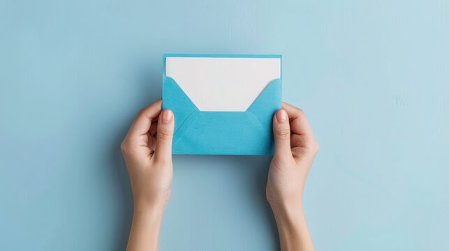 First person top view photo of hands holding blue envelope and white card on isolated pastel blue background with empty space