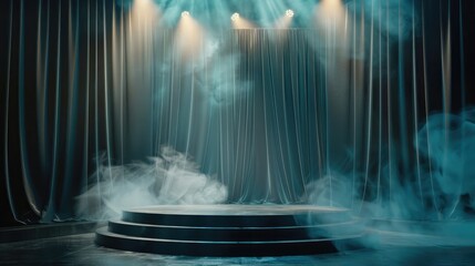 Podium with curtain and smoke. Empty pedestal for award ceremony. Platform illuminated by...