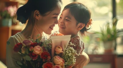 Mother's day two young child cuddle hug give flower gift box to mature mum. Love kiss mom asia people middle aged adult at home cozy dining table nig
