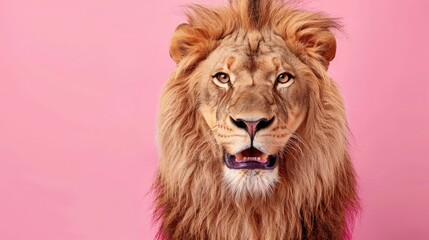 Obraz premium studio headshot portrait lion smiling against a pink background
