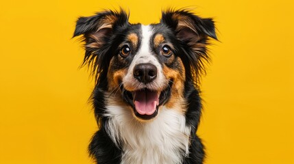 studio headshot portrait of brown white and black medium mixed breed dog smiling against a yellow background