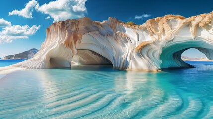 Mesmerizing beauty of Milos island, stunning marble arches, crystal clear waters, and pristine white sand at blue island, Greece, under vibrant blue skies - perfect inspiration for travel concepts.