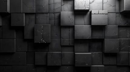Abstract image of textured black 3D cubes arranged irregularly Light & shadows create depth and contrast