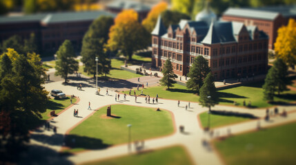 Miniature university college campus with students and professors - obrazy, fototapety, plakaty