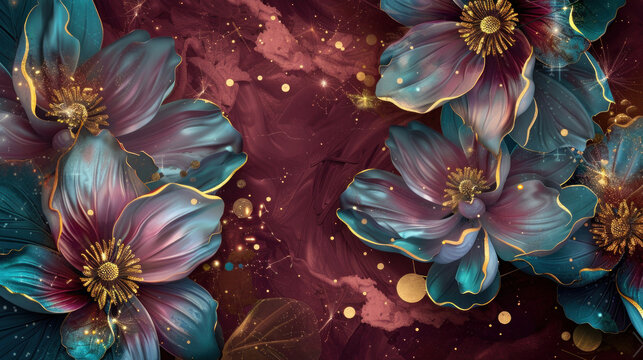 Beautiful colorful spring flower on burgundy decorative background as wallpaper illustration, Elegant Burgundy Gold Flower	