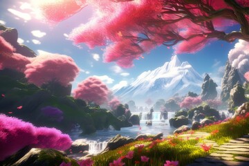 Obraz na płótnie Canvas Beautiful scene with lake and lots of flowers