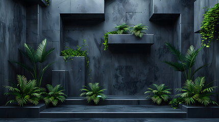 A serene indoor concrete garden space with lush tropical greenery accenting the gray tones
