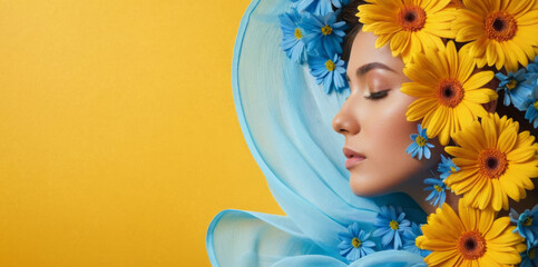A woman with closed eyes draped in a sheer blue fabric, surrounded by a vibrant halo of fresh yellow gerbera and delicate blue daisies, set against a bold yellow background.