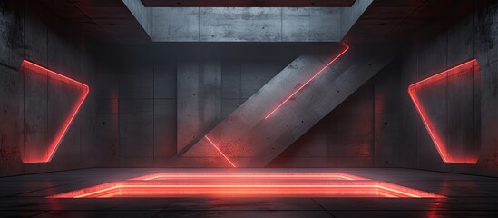 An environment with dim lighting from red neons against solid concrete walls in a gloomy room - obrazy, fototapety, plakaty