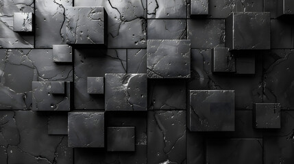The image showcases an intricate arrangement of black glossy cubes with a cracked texture, giving a modern abstract vibe