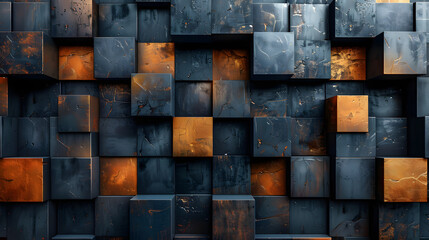 An image featuring a dynamic array of copper and blue squares with a textured, aged surface, conveying richness and depth