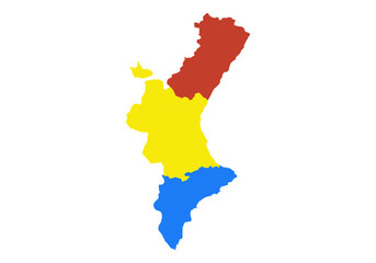 Silueta del mapa de la Comunidad Valenciana en 3 colores, rojo, amarillo y azul, Castellón, Valencia y Alicante respectivamente - obrazy, fototapety, plakaty