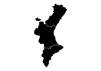 Silueta del mapa de la Comunidad Valenciana en negro: Castellón, Valencia y Alicante 