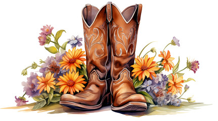  cowboy boots with a yellow and lavender floral bouquet in a side view PNG, in a Country decor-themed, isolated, and transparent watercolor illustration. Generative ai