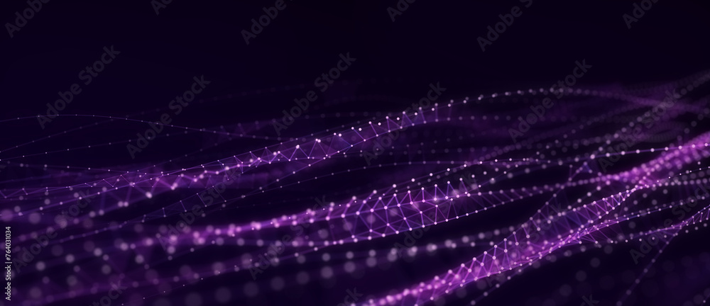 Poster abstract blue technology wave with dots and lines. flow of particles. big data transfer visualizatio