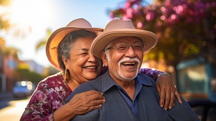Closeup portrait, retired couple in casual shirt and dress holding each other smiling,enjoying life together, outside green trees background.