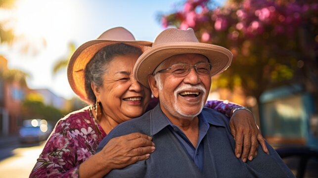 Closeup portrait, retired couple in casual shirt and dress holding each other smiling,enjoying life together, outside green trees background.