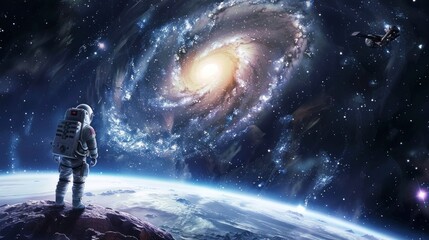astronaut observing a galaxy in space floating in high resolution and high quality. space concept