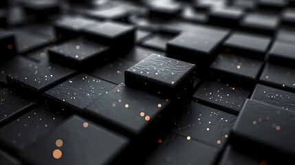 The image captures black glossy tiles glistening with water droplets, using selective focus to create an elegant and modern visual effect