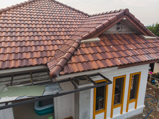Aerial view modern house roof top building brown brick roof