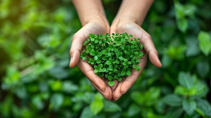 Naklejka na ściany i meble Love for the environment hands gently cradling a heartshaped plant , vibrant