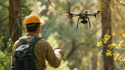 Man in Hard Hat With Camera in Forest